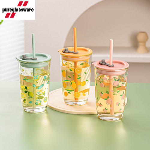 400ml glass tumbler with straw and fruit design wholesale