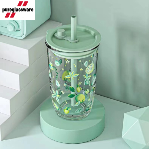 400ml glass tumbler with straw and fruit design wholesale