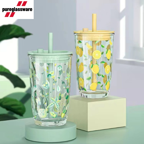 400ml glass tumbler with straw and fruit design wholesale