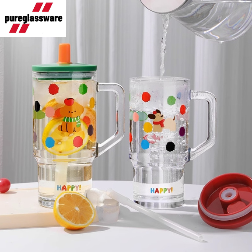 620ml large capacity glass cups with lid and straw wholesale
