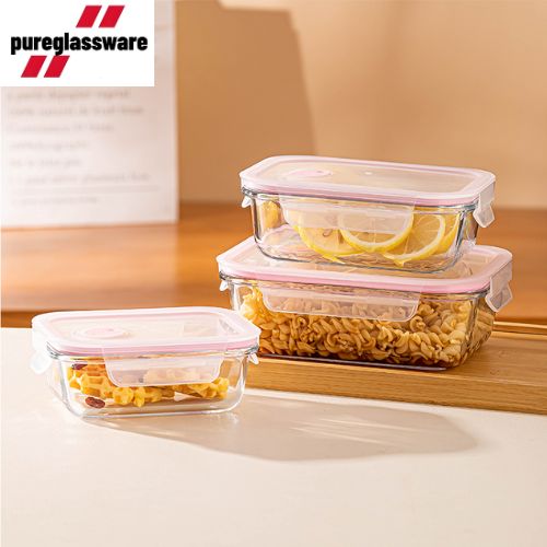 3 pack glass lunch box with lid and  clip lock glass food container wholesale