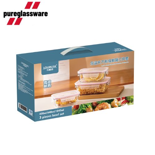 3 pack glass lunch box with lid and  clip lock glass food container wholesale